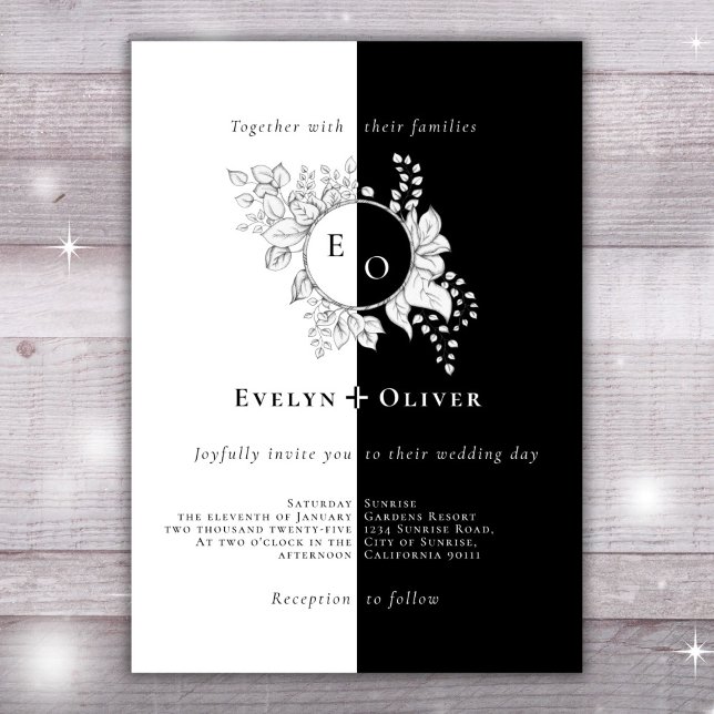 Black White Monogram Crest Elegant Floral Wedding Invitation (Creator Uploaded)