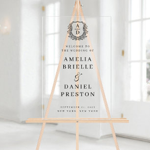 Black White Monogram Crest Wedding Welcome Sign