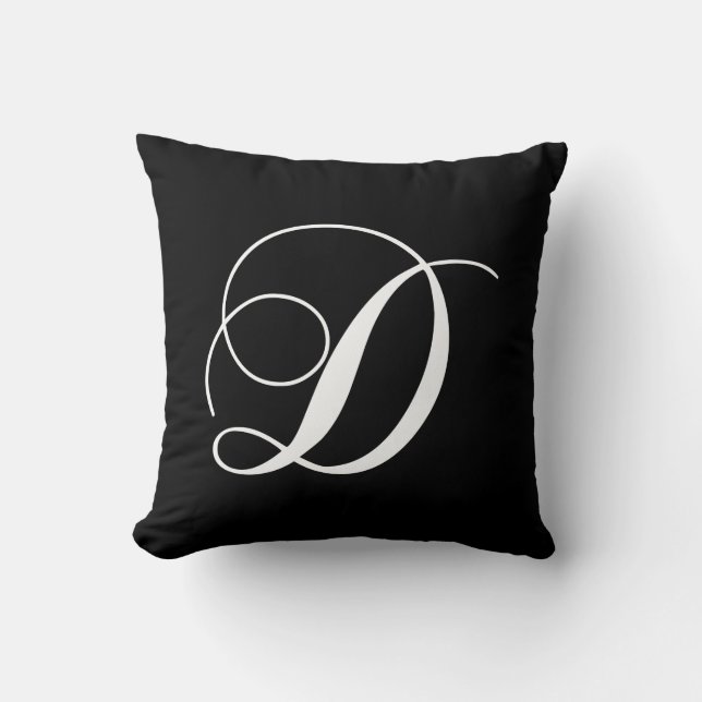 Black White Monogram D Designer Monogrammed Pillow (Front)