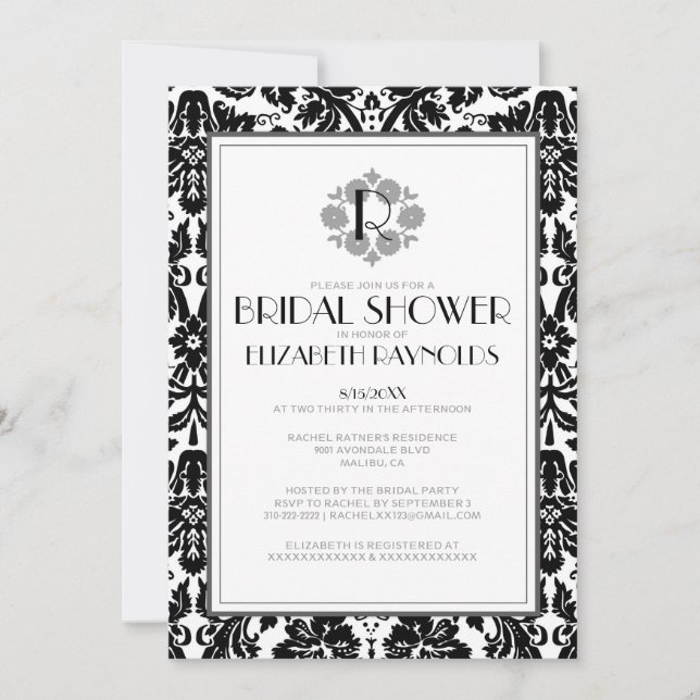 Black & White Monogram Damask Bridal Shower Invite (Front)