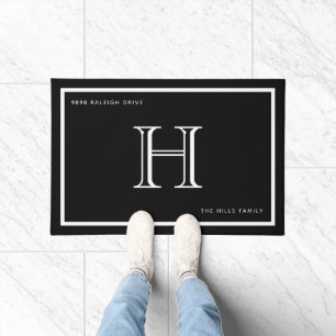 Black White Monogram Family Name House Address Doormat