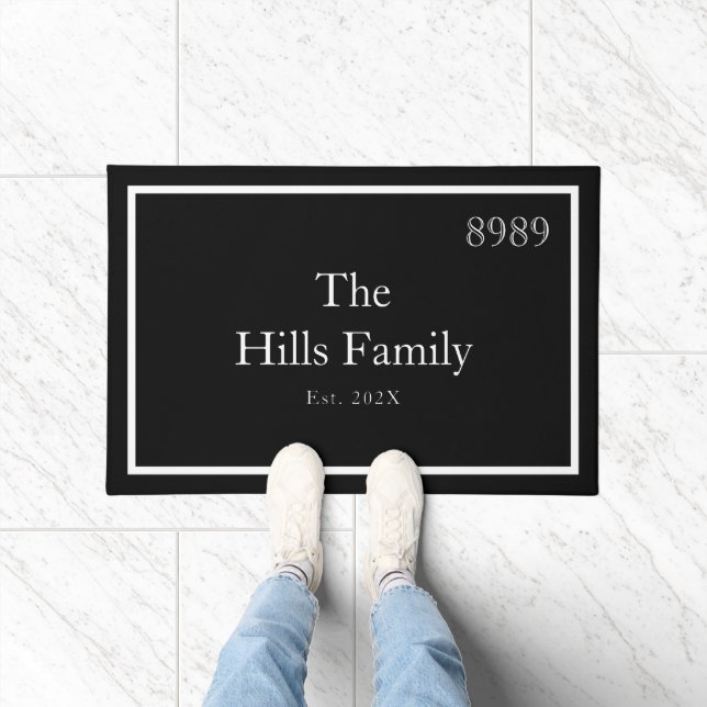 Black White Monogram Family Name House Number Doormat (Indoor)