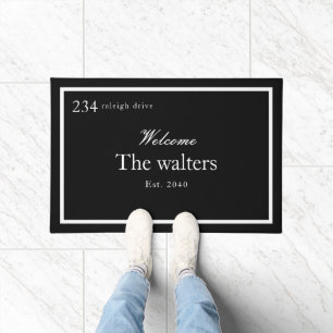 Black White Monogram Family Name House Number Doormat