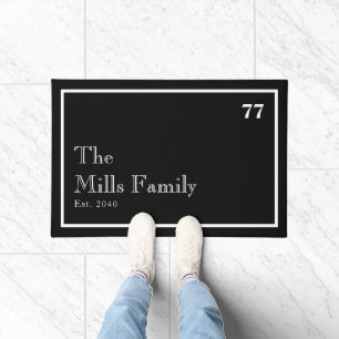 Black White Monogram Family Name House Number Doormat