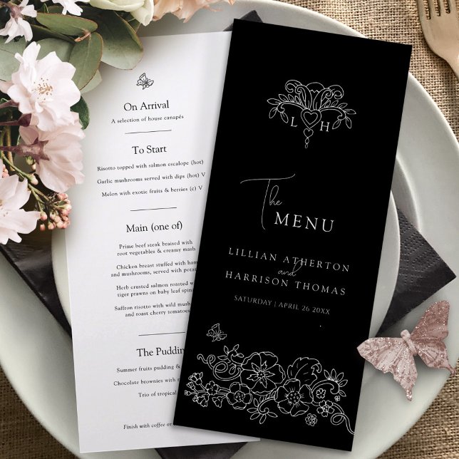 Black white monogram fleur de lis wedding menu (Creator Uploaded)