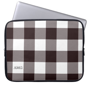 Black & White Monogram Gingham Plaid Pattern Laptop Sleeve