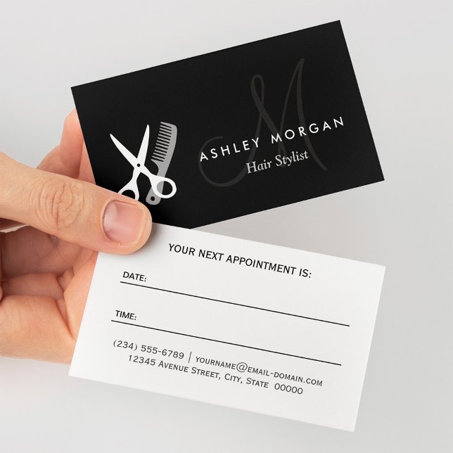 Black White Monogram Hair Hairstylist Appointment Card (Creator Uploaded)