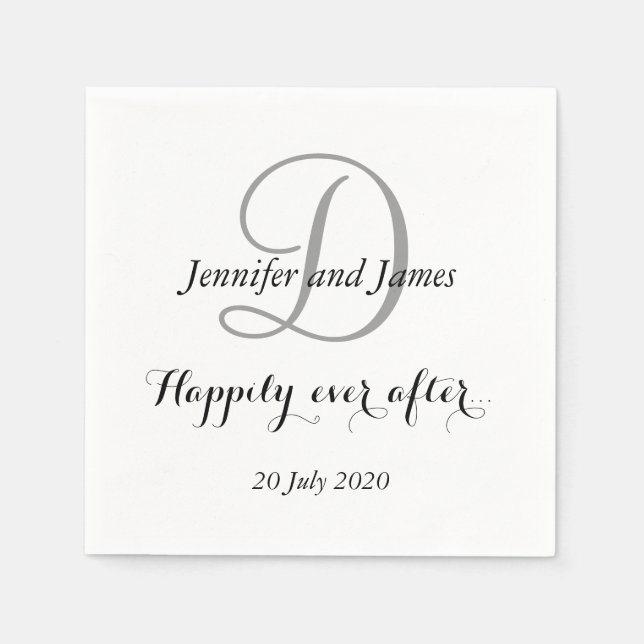 Black White Monogram Happily Ever After Napkin (Front)