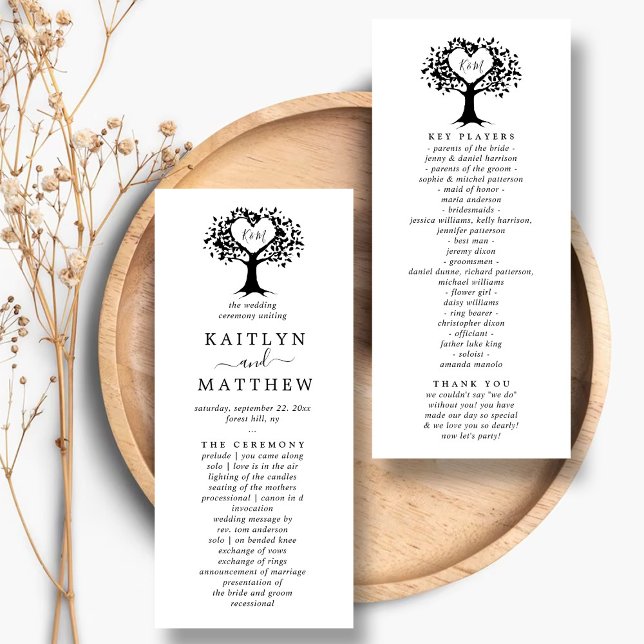 Black & White Monogram Heart Tree Wedding Program Rack Card (Creator Uploaded)