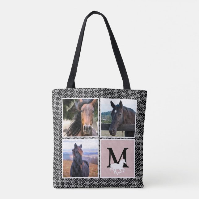 Black White Monogram Horse Photo Tote Bag (Back)