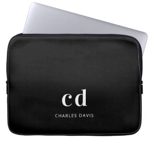 Black white monogram initails name minimalist laptop sleeve
