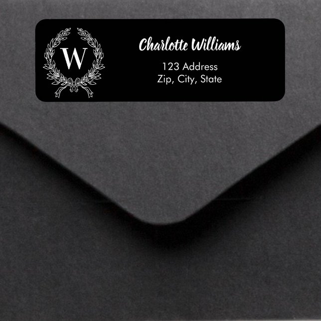 Black white monogram initial wreath return address label (Creator Uploaded)
