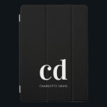 Black white monogram initials elegant modern iPad pro cover<br><div class="desc">Black background,  and white text. Personalise and add your monogram initials and a name.  For both him and her. Minimalist and modern!</div>