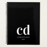 Black white monogram initials elegant planner<br><div class="desc">Black background,  white text. Personalise and add your monogram initials,  name and a title.</div>