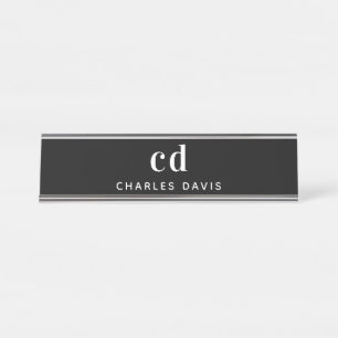 Black white monogram initials minimalist modern desk name plate