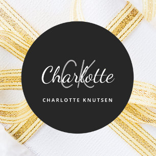 Black white monogram initials minimalist  script classic round sticker