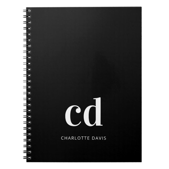 Black white monogram initials modern custom notebook (Front)