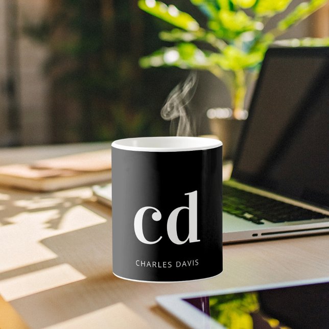 Black white monogram initials modern men coffee mug (Creator Uploaded)