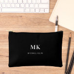 Black white monogram initials name accessory pouch<br><div class="desc">Black background,  white text. Personalise and add your monogram initials and full name.</div>