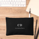 Black white monogram initials name accessory pouch<br><div class="desc">Black background,  white text. Personalise and add your monogram initials and full name.</div>