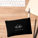 Black white monogram initials name accessory pouch<br><div class="desc">Black background,  white and grey text. Personalise and add your first name,  monogram initials and full name.</div>