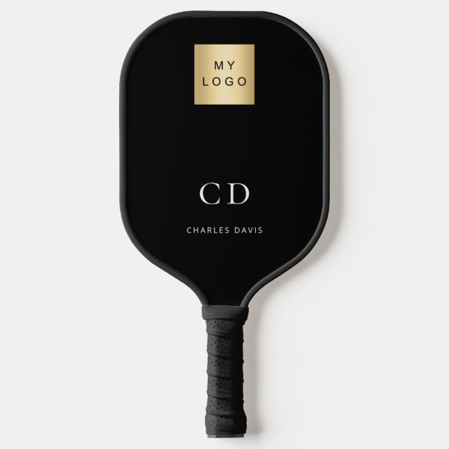 Black white monogram initials name business logo pickleball paddle (Front)