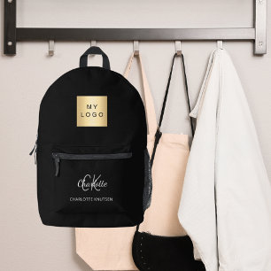 Black white monogram initials name business logo printed backpack