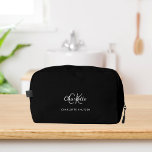 Black white monogram initials name dopp kit<br><div class="desc">Black background,  white and grey text. Personalise and add your first name,  monogram initials and full name.</div>