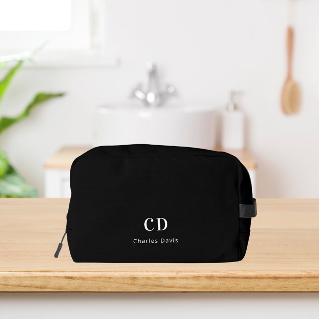Black white monogram initials name dopp kit (Creator Uploaded)