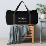 Black white monogram initials name duffle bag<br><div class="desc">Black background,  white and grey text. Personalise and add your first name,  monogram initials and full name.</div>