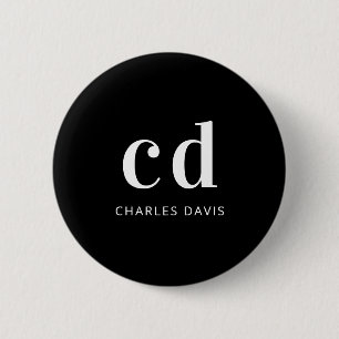 Black white monogram initials name minimalist 6 cm round badge
