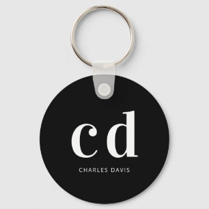 Black white monogram initials name minimalist  key ring