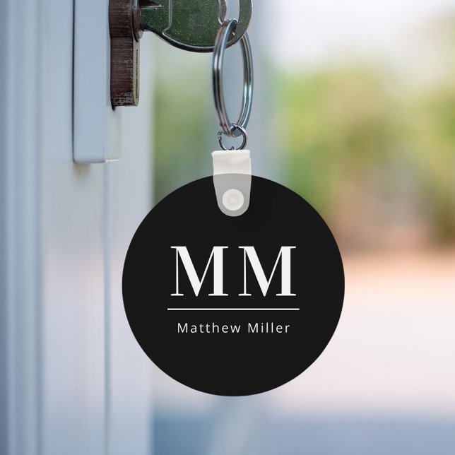 Black white monogram initials name minimalist  key ring (Creator Uploaded)