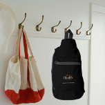 Black white monogram initials name modern sling bag<br><div class="desc">Black background,  white and goldem text. Personalise and add your first name,  monogram initials and full name.</div>