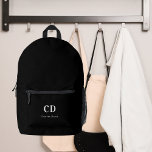 Black white monogram initials name printed backpack<br><div class="desc">Black background,  white text. Personalise and add your monogram initials and full name.</div>
