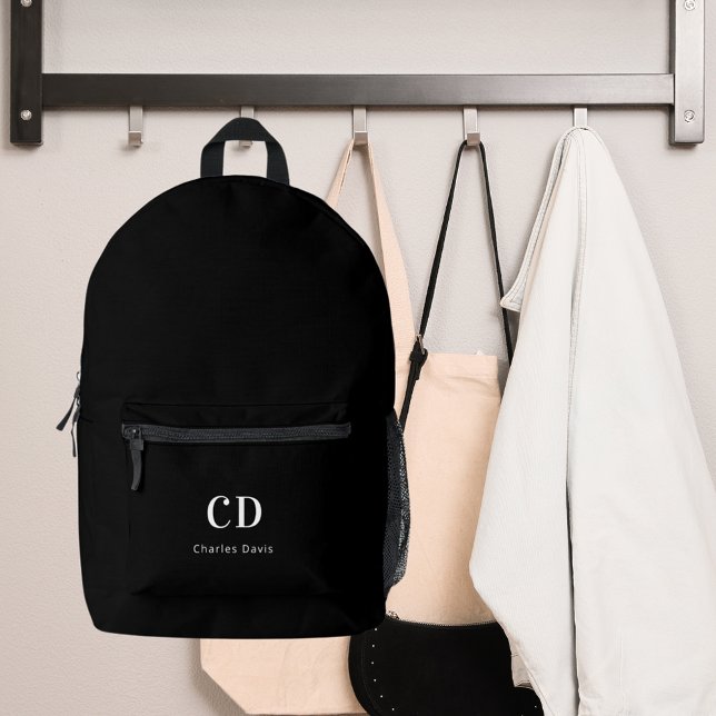 Black white monogram initials name printed backpack (Creator Uploaded)