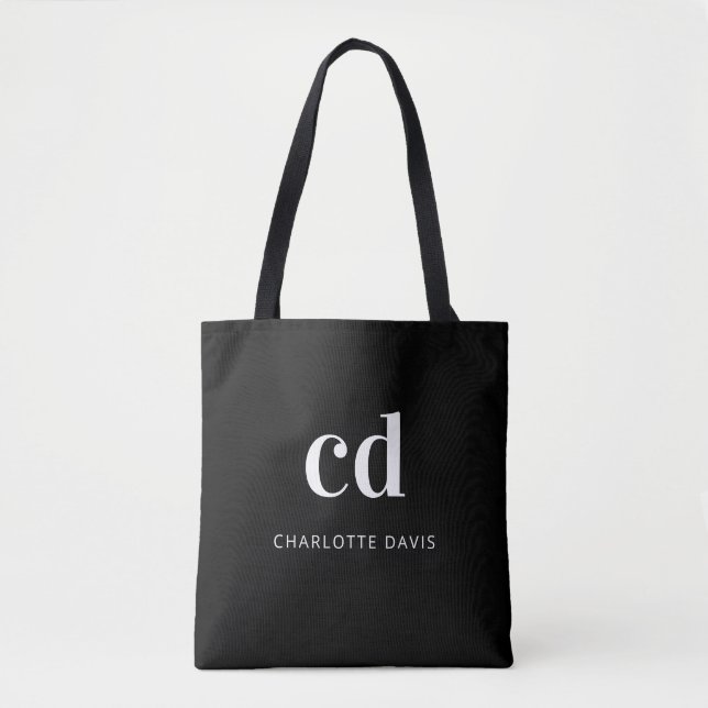 Black white monogram initials name tote bag (Front)