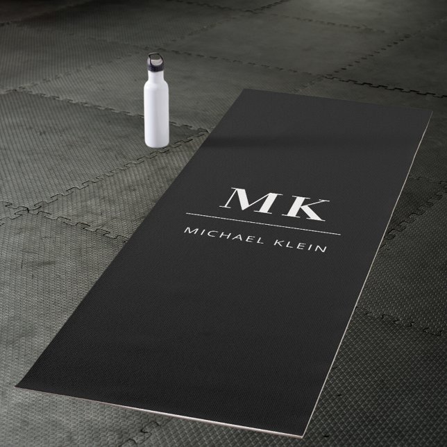 Black white monogram initials name yoga mat (Creator Uploaded)