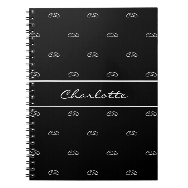 Black white monogram initials pattern name script notebook (Front)