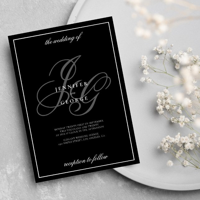 Black white monogram initials romantic wedding invitation (Black white monogram initials romantic wedding invitation )
