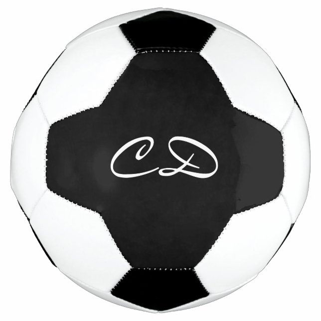 Black white monogram initials script soccer ball (Front)