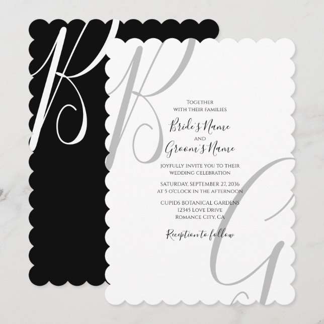 Black & White Monogram Initials Wedding Invitation (Front/Back)