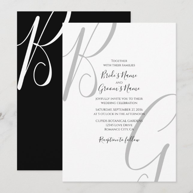 Black & White Monogram Initials Wedding Invitation (Front/Back)