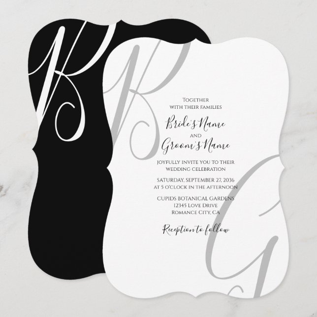 Black & White Monogram Initials Wedding Invitation (Front/Back)