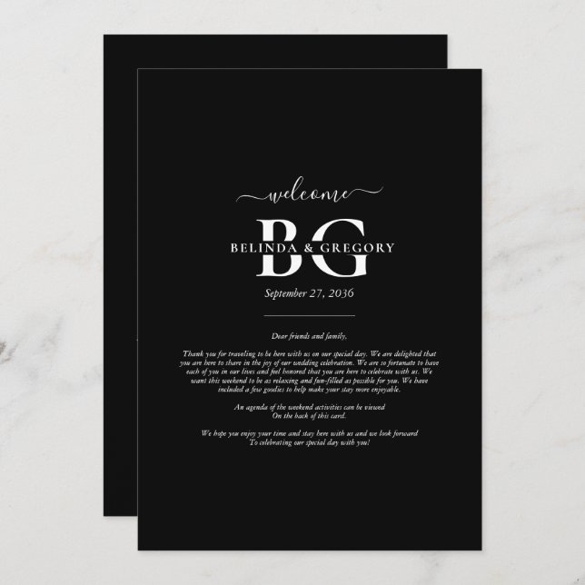 Black White Monogram Initials Wedding  Itinerary Program (Front/Back)