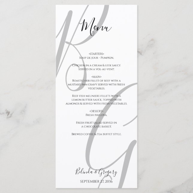 Black & White Monogram Initials Wedding Menu (Front)