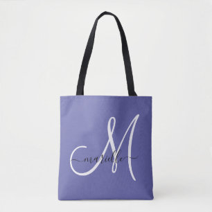 Black White Monogram Letter Script Name Periwinkle Tote Bag