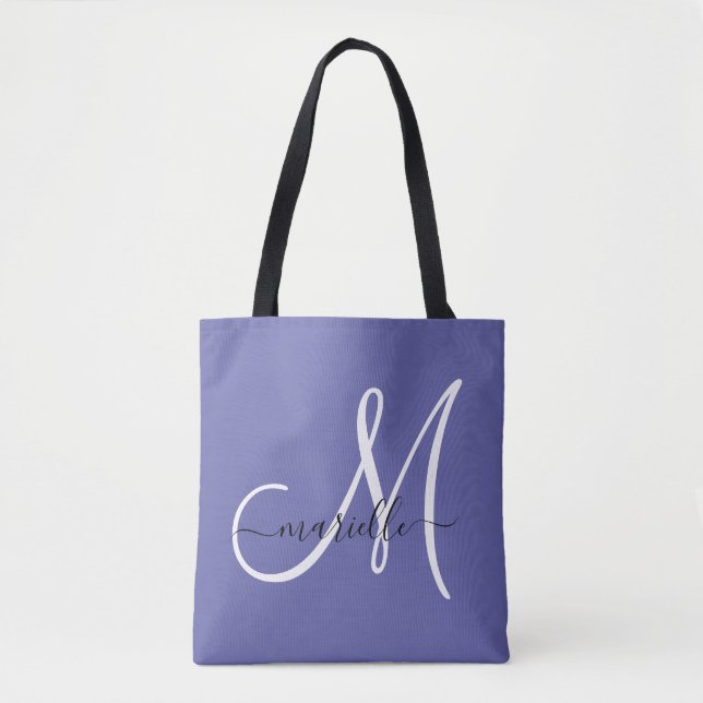 Black White Monogram Letter Script Name Periwinkle Tote Bag (Front)