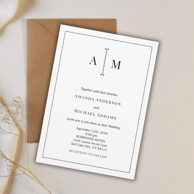 Black White Monogram Minimal Simple Border Wedding Invitation (Creator Uploaded)