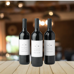 Black White Monogram Minimal Simple Border Wedding Wine Label